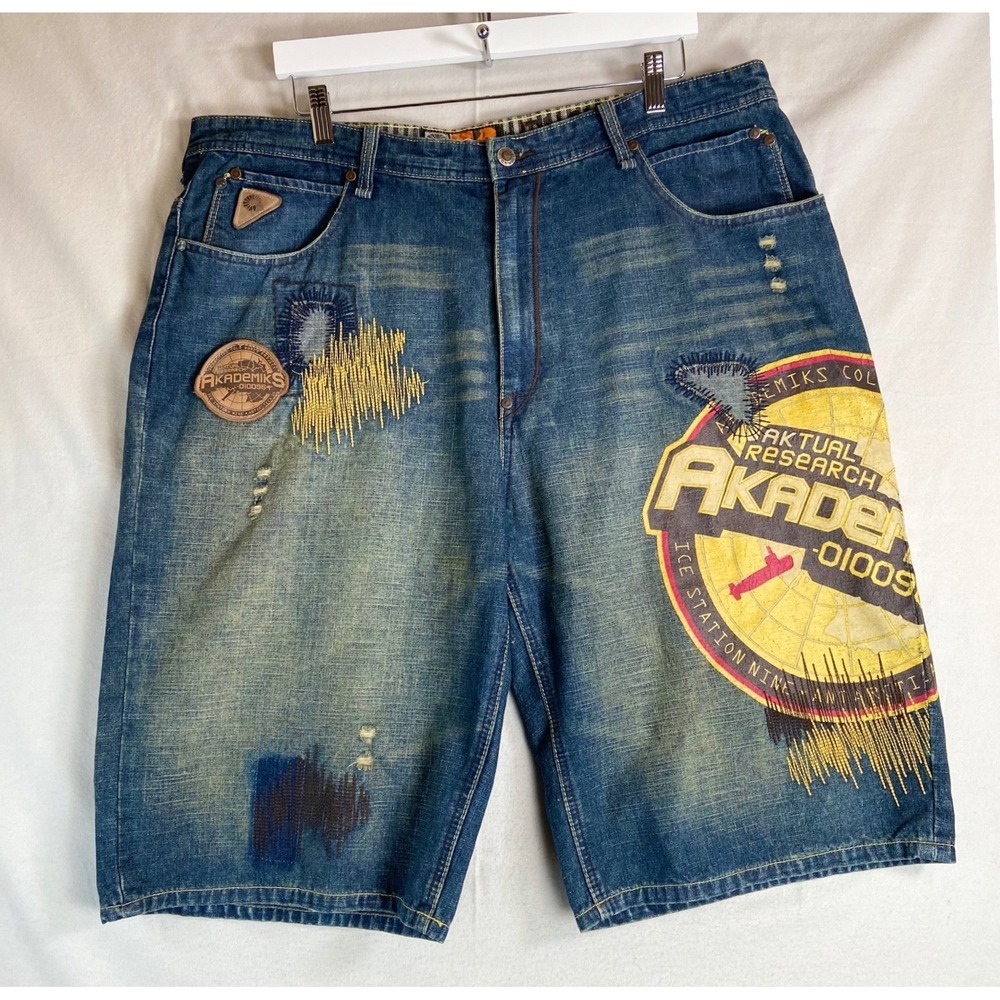 Akademiks Denim Shorts Men's 40 Baggy Hip Hop Y2K Embroidered Graphic